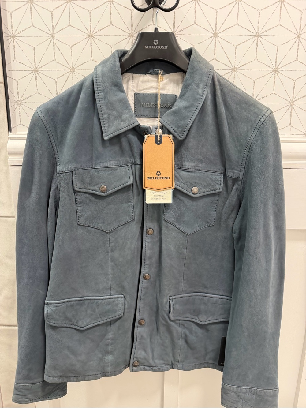 NWT Milestone MSValerio Handcrafted Leather Jacket Blue Gray EU 50 / US Medium